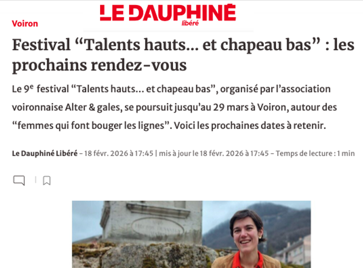 Mathilde Dionnet au Festival Talents Hauts et Chapeau Bas. Article Le Dauphiné février 2026.